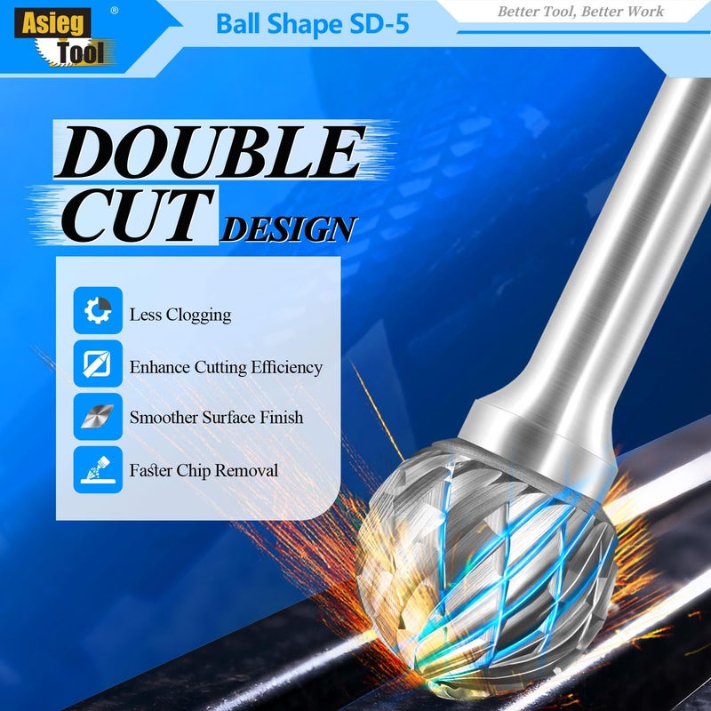 Asieg Tool SD-5 Tungsten Carbide Burr Rotary File Ball Shape Double Cut with 1/4''Shank for Die Grinder Drill Bit - Image 4